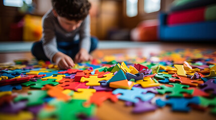 child on the floor collects colorful puzzles autism spectrum disorder generative ai - obrazy, fototapety, plakaty