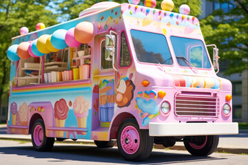 painted colorful ice cream van generative ai - obrazy, fototapety, plakaty