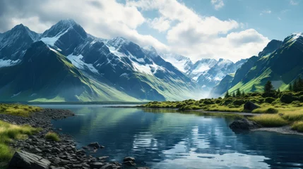 Washable wall murals Aoraki/Mount Cook mountains beautiful landscape with water generative ai