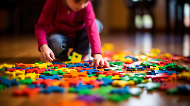 child on the floor collects colorful puzzles autism spectrum disorder generative ai