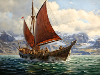 Viking boat sailing on northern sea. Generative AI