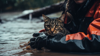 lifeguard saves a kitten from the water during the flood generative ai