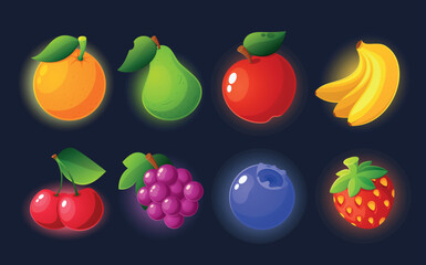 Cartoon Fruit Game Icons For Casino Slot Machine, Gambling, Lotteries Or Puzzle Ui Elements. Grape, Bananas Or Cherry