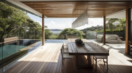 Fototapeta premium house villa resort open space interior design interior concept liing area and patio balcony connect to water pool and wooden deck cosy and natural touch feeling house beautiful ideas ,ai generate