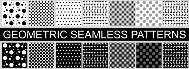 Set of fourteen trendy black and white classic and original polka dot patterns