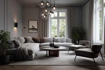 Naklejka na ściany i meble contemporary home interior design concept living room area casual lifestyle decorate monotone colour scheme modern style material finishing house beautiful background,ai generate