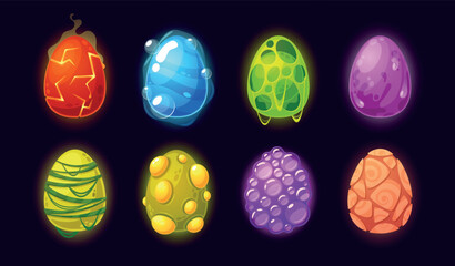 Cartoon Dragon Eggs, Dinosaur And Reptile Ui Game Assets Set. Magic Collection With Colorful Textured, Pimpled
