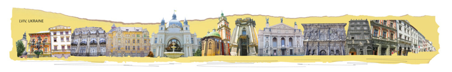 Ukraine, Lviv - city collage or art design with famous buildings