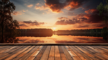 Fototapeta na wymiar Empty wooden plate in sunset landscape. Background. Generative AI.