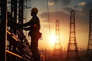 Silhouette Power engineer in white helmet checks power line using computer on tablet, remote control of power system. High voltage electrical lines at sunset. Distribution and supply of electricity