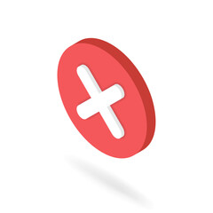 Isometric X cross button. 3d no icon. Ex mark in red circle at left view angle. Vector illustration of incorrect, disagree, wrong, cancel, false symbol for ui, infographic, website, app use