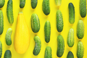 Freshly picked vegetables, zucchini and cucumbers on a yellow background, top view