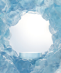 Abstact 3d render winter scene and Natural podium background, Ice podium on the ice mountain cave for product display, advertising, mockup or etc
