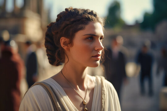 Photorealistic close up portrait of a female citizen of ancient Rome (Generative AI)