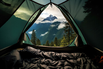 A Tent with a beautiful View, Camping in the Nature with Mountains and a big Forest - Generative Ai