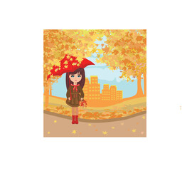 beautiful girl with umbrella on an autumn sunny day - 626599744