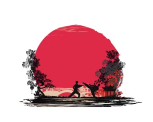 Active tae kwon do martial arts fighters combat fighting and kicking sport silhouettes illustration © diavolessa