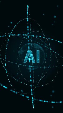 Motion graphic of Blue digital AI logo with particle ring circle rotation and ai technology icon on futuristic abstract background artificial intelligence and machine learning vertical video concepts