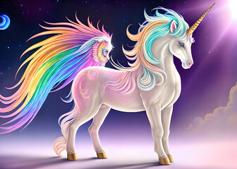 Naklejka na ściany i meble Fantasy unicorns and rainbow mesh on the background of clouds fairytale dream style,Generative AI
