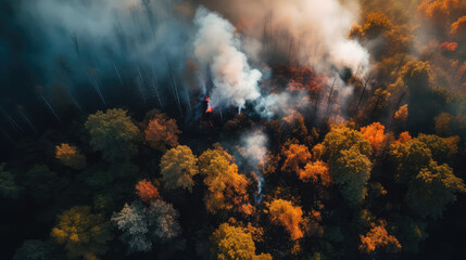Drone shot of a fire in a forest with a lot of smoke above. Generative AI.