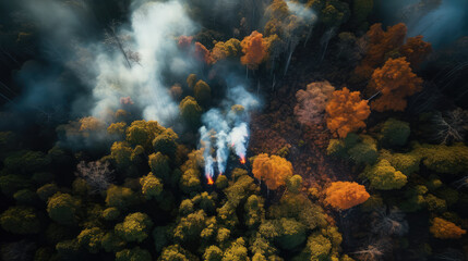 Fototapeta na wymiar Drone shot of a forest with fire and some smoke. Generative AI.