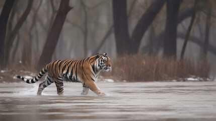 Obraz premium Single tiger walking in a small lake in the middle of winter. Generative AI.