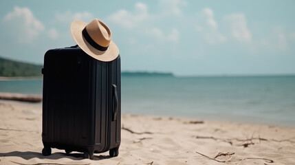 Black suitcase and a summer hat at the beach in front of the ocean. Generative AI.