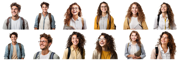 Collection of smiling students with going to school happily on a transparent background - obrazy, fototapety, plakaty