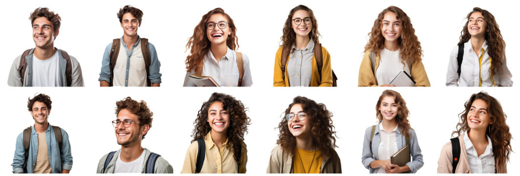Collection of smiling students with going to school happily on a transparent background