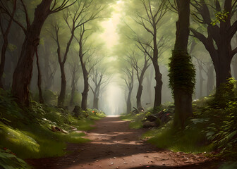 Fantasy green forest trees illustration ,Generative AI