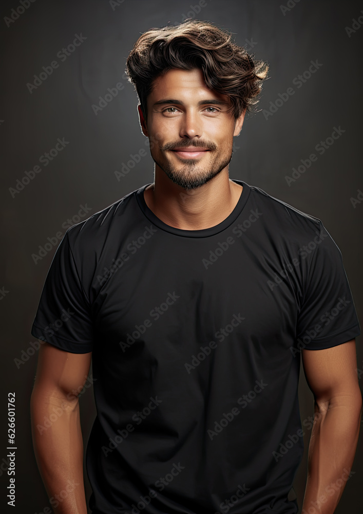 Wall mural Male Model Wearing a Plain Black Unbranded T-Shirt on a Grey Background-Generative AI