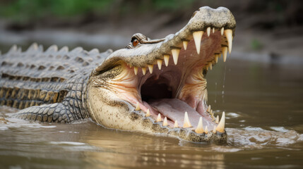 Big crocodile with open mouth lying on the ground. Generative AI.