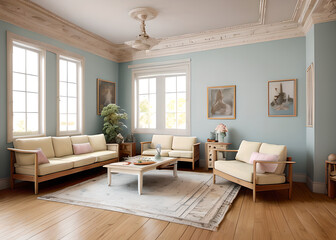 Living room with a skylight window, two chairs and a table with a vase of flowers on it.sunny wooden floor potted carpet living room background and use it as wallpaper posters and banners,Generative A