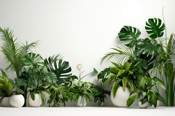 Composition of green houseplants on a white wall