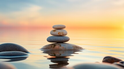 Balanced Zen stones on the beach, generated by AI