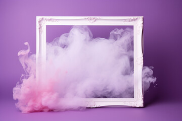 white picture frame with purple fog on a pink background
