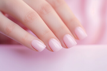 perfect pink nails manicure close up on a pastel pink background, nail salon ad