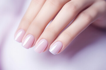 perfect pink nails manicure close up on a pastel pink background, nail salon ad