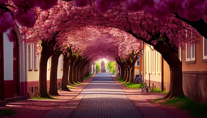 Ingelijste posters Beautiful pink flowering cherry tree avenue in Holzweg, Magdeburg, Saxony-Anhalt, Germany, footpath under sunny arch of cherry blossoms, Ai generated image © TrendyImages