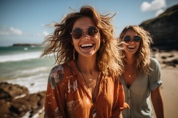 two girls in their 20s taking a selfie on the beach. They are laughing and they are happy. They have the beach and the sea in the background. The day is clear and bright