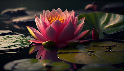 Beautiful pink water lily flower with leaves in a pond, beauty in nature concept banner for wellness, cosmetics, recreation, wallpaper decor,Ai generated image