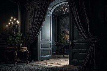 3D model of dark doorway with portal and drapes. Generative AI