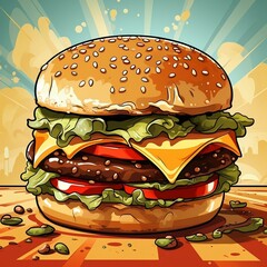 Cartoon style delicious cheese burger on colorful pop art retro background generative ai