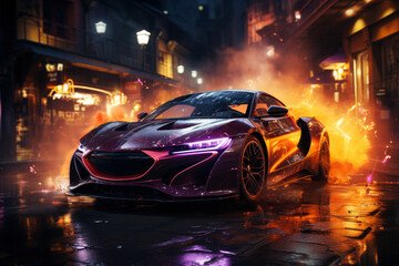 Futuristic sports super car concept on the background of the night city with flame and fire, street racing on expensive exclusive luxury auto, AI Generated © staras