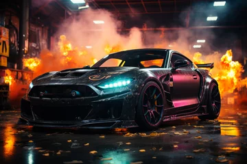 Futuristic sports super car concept on the background of the night city with flame and fire, street racing on expensive exclusive luxury auto, AI Generated © staras