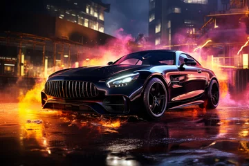 Futuristic sports super car concept on the background of the night city with flame and fire, street racing on expensive exclusive luxury auto, AI Generated © staras