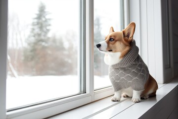 Corgi dog in a warm sweater sits on the windowsill and looks out the window at the snow in the backyard of the house.