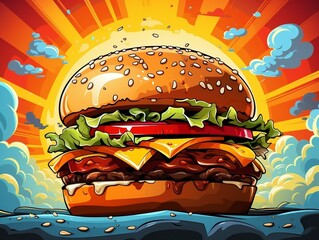 Cartoon style delicious cheese burger on colorful pop art retro background generative ai