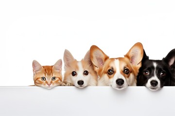 Corgi dog and cat peeking behind a white banner isolated on white background. Banner concept for veterinary clinic or pet food.