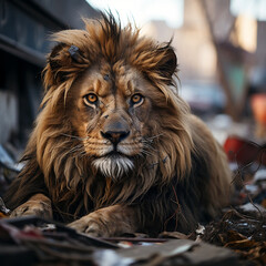 Portrait of a lion in a big city life created with generative AI
